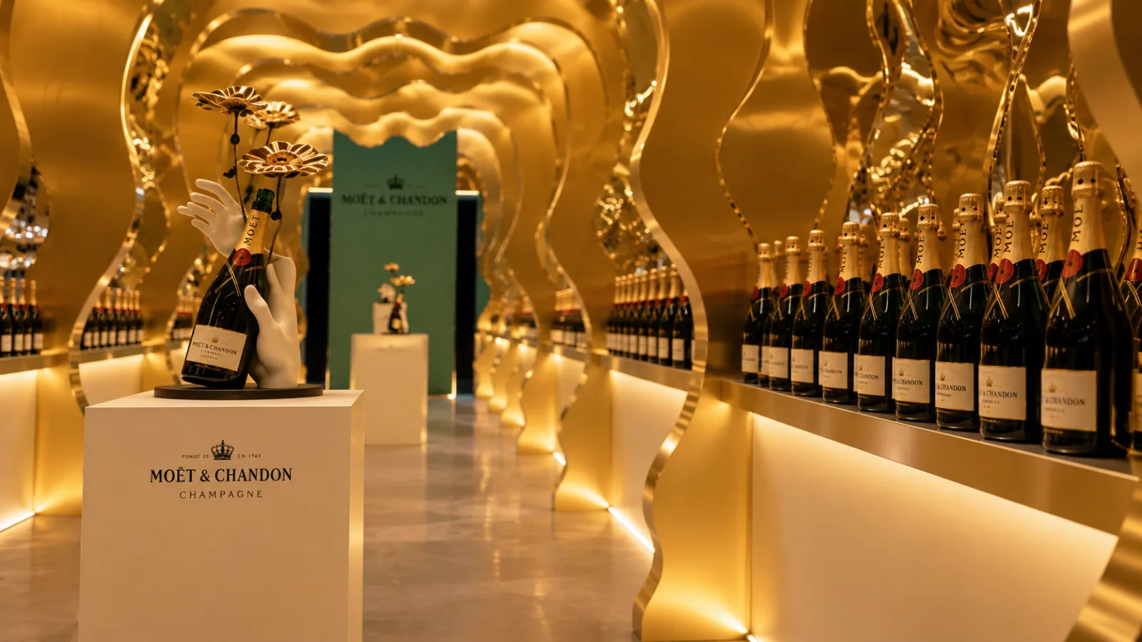 MOËT — Bottles lined up toward the brand wall