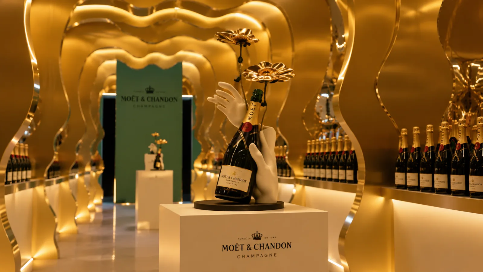 MOËT — The hand holding the bottle, with its gilded flowers
